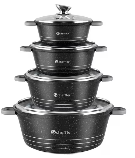 Batterie de cuisine Scheffler (4 faitouts, couvercles en verre)